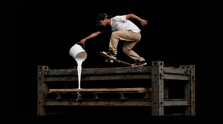Skater grinding the top rail of an H-frame skateboard press while pouring white glue into a skateboard mold