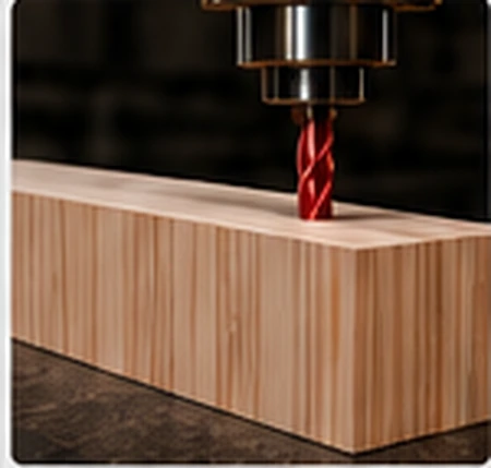 CNC spindle with red end mill above a vertical-laminated hard maple skateboard mold billet