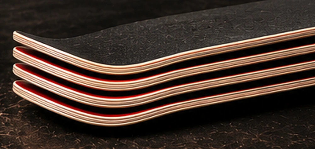 Five stacked skateboard decks with visible tail kick