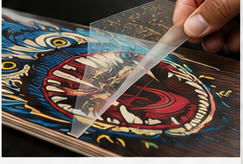 Heat transfer film being applied to the bottom of a skateboard deck