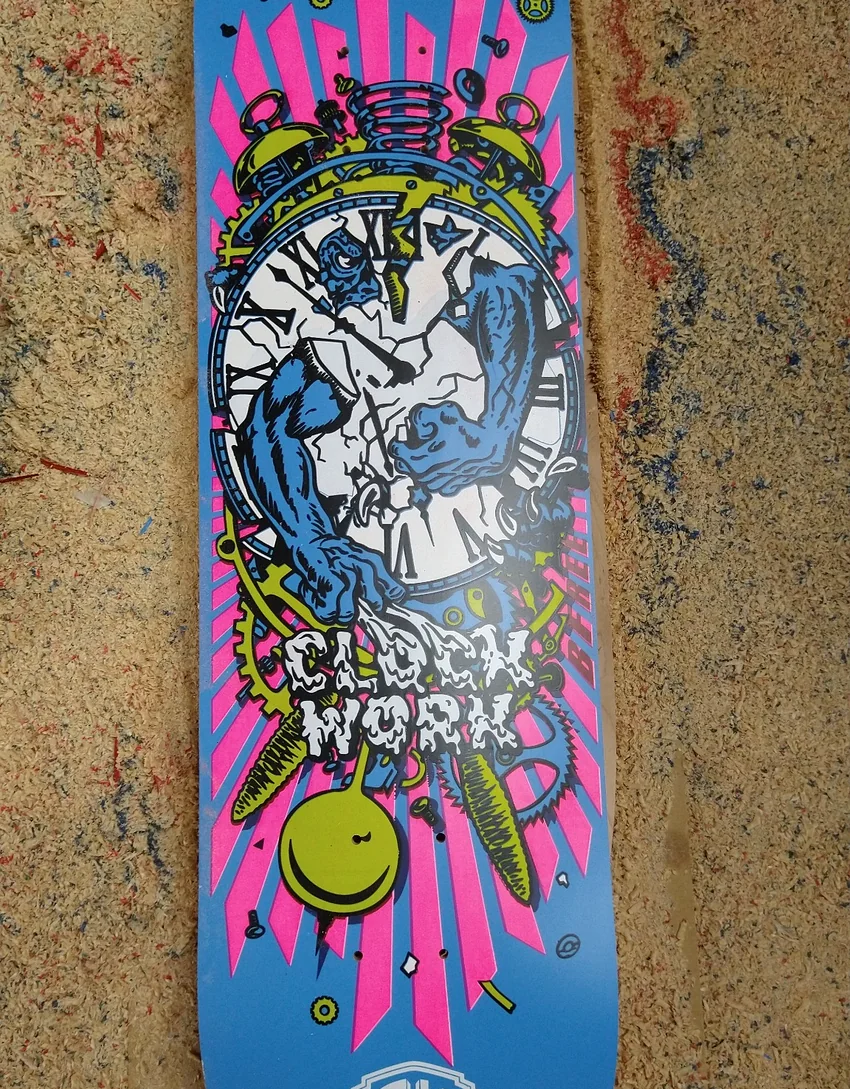Full color Clockwork skateboard deck manufactured by Empire