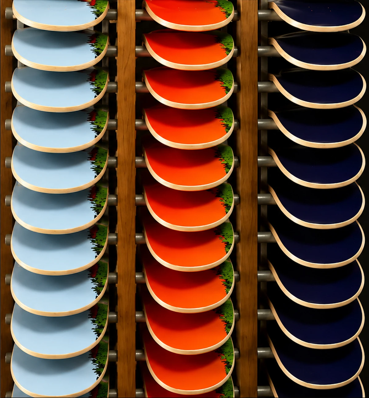 Multiple finished printed skateboard decks on Empire factory racks