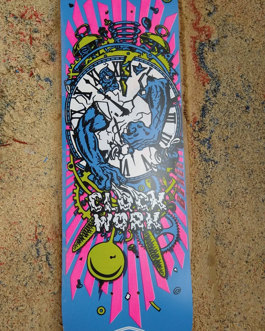 Clockwork full-color printed skateboard deck production example