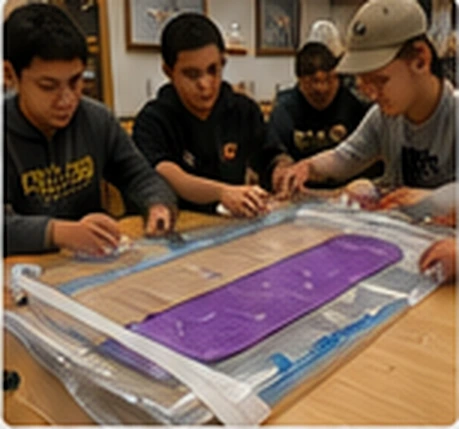 Students working with a purple skateboard mold, maple veneer and a clear vacuum bag